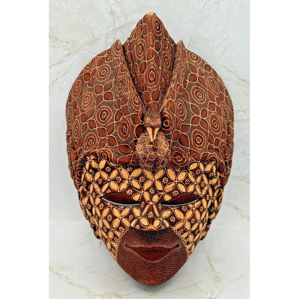 Hand‎ Carved Indonesian Batik Wood Mask Batik Pattern Bird Motif Wall Art EUC